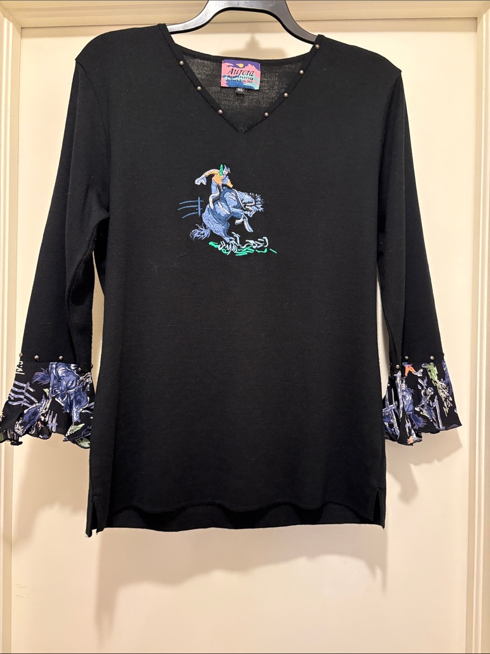 Black V-Neck Sweater with Rodeo Embroidery
